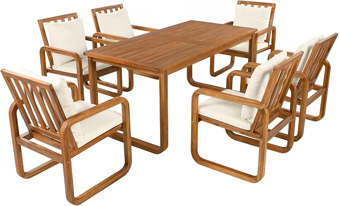 Merax 7-Piece Patio Dining Set, Outdoor Acacia Wood Dining Table and Chairs Set with Cushions for Backyard, Garden, Poolside, Beige