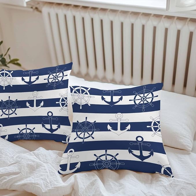 Nautical Ship Anchors Waterproof Outdoor Pillow Covers Set of 2 Home Decor, Coastal Navy Blue Stripes Pillowcase Patio Pillow Covers for Couch Bench Patio Furniture Garden 26x26in