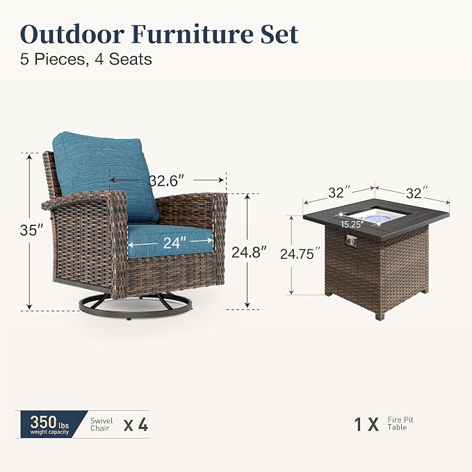 Patio Furniture Set with Swivel Chairs, High Back Wicker Rattan Furniture with 5.5" Thick Cushions & Fire Pit Table, All Weather Outdoor Conversation Set for Backyard Deck, 4 Seats, Blue