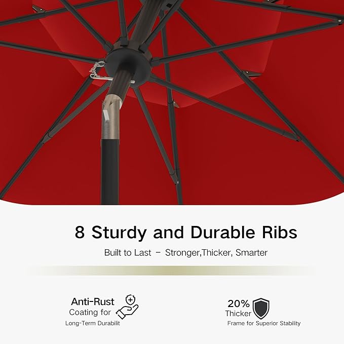Kingdura 10ft 3-Tier Patio Umbrella, Outdoor Table Umbrella with Easy Crank & Tilt, 8 Reinforced Ribs, UV Protection for Deck, Pool, Market, Backyard (Red)