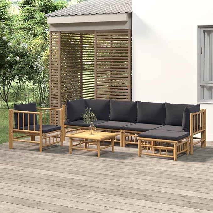 7 Piece Patio Lounge Set with Dark Gray Cushions, Patio Conversation Set Outdoor Dining Sets Front Porch Furniture Porch Furniture Set for Piazza Exhibition Poolside Garden Bamboo