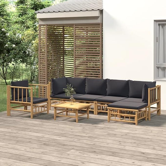 7 Piece Patio Lounge Set with Dark Gray Cushions, Patio Conversation Set Outdoor Dining Sets Front Porch Furniture Porch Furniture Set for Piazza Exhibition Poolside Garden Bamboo