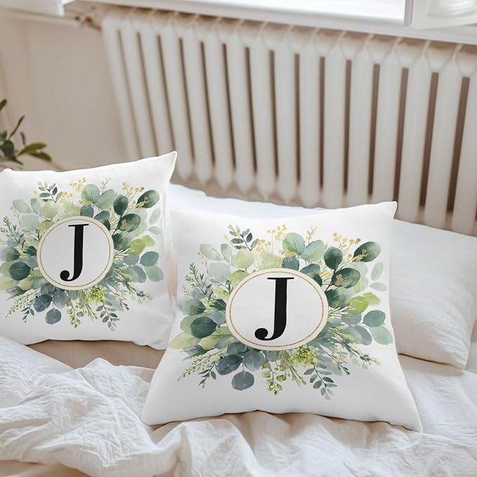 Letter J Waterproof Outdoor Pillow Covers Set of 2 Home Decor, Alphabet Green Eucalyptus Leaves Pillowcase Patio Pillow Covers for Couch Bench Patio Furniture Garden 18x18in