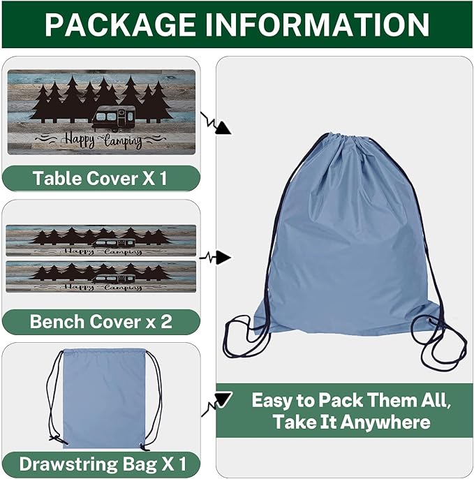 Picnic Table Cover with Bench Covers Elastic Edges, Blue Camper Fitted Table Cover, Outdoor Patio Camping Essentials 72 Inch 3PCS, Waterproof Camping Fitted Tablecloth with Drawstring Bag
