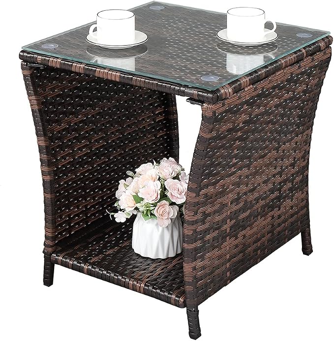 Outdoor Wicker Side Table with Tempered Glass, All-Weather Rattan Side Table with Storage Shelf, Wicker Patio Table for Outdoor Patio, Porch, Garden, Brown