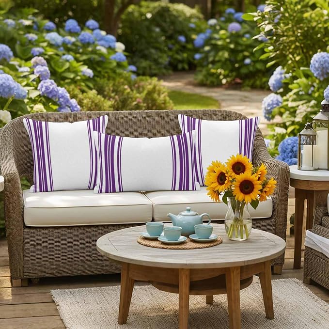 Outdoor Waterproof Throw Pillow Covers Set of 2 Purple Stripes Pillowcases 18x18 Inches White Vertical Striped Decorative Pillows Cushion Case Patio Pillows for Couch Bed Chair Garden