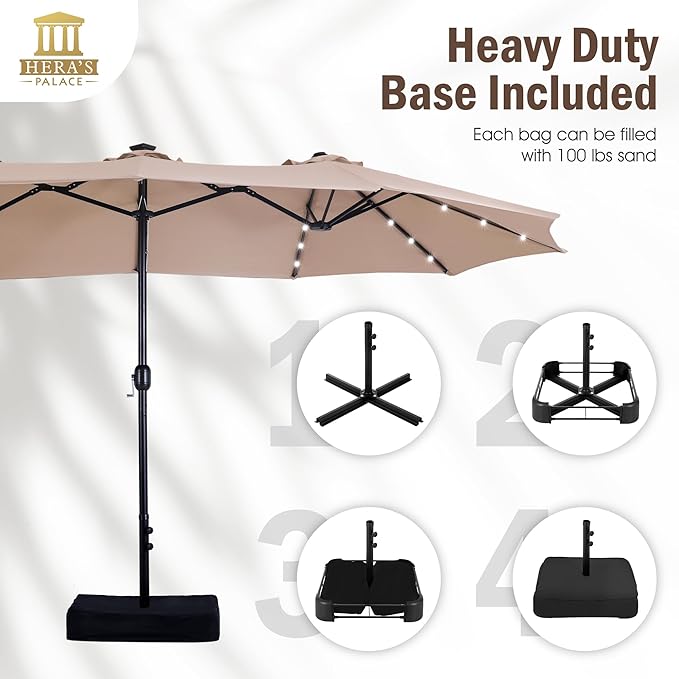 HERA'S PALACE 15ft Patio Umbrella with Base Included Double Sided Outdoor Umbrella for Patio Table Umbrella Outdoor 36 LED Solar Lights for Garden