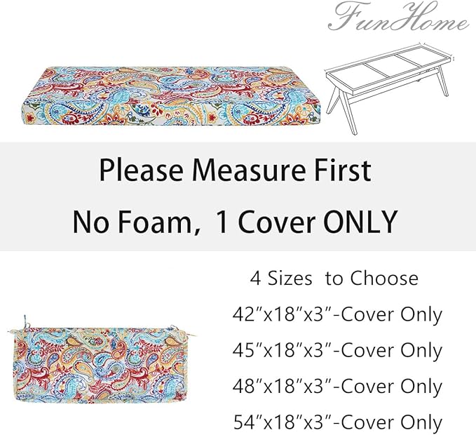 FUNHOME Outdoor Bench Cushion Cover 45 x18 x 3 inch,Water Resistant Cover with Zipper&Ties,Fade-Resistant Slipcover,Patio Porch Swing Cushion Cover Replacement Only,No Insert(Phoenix)