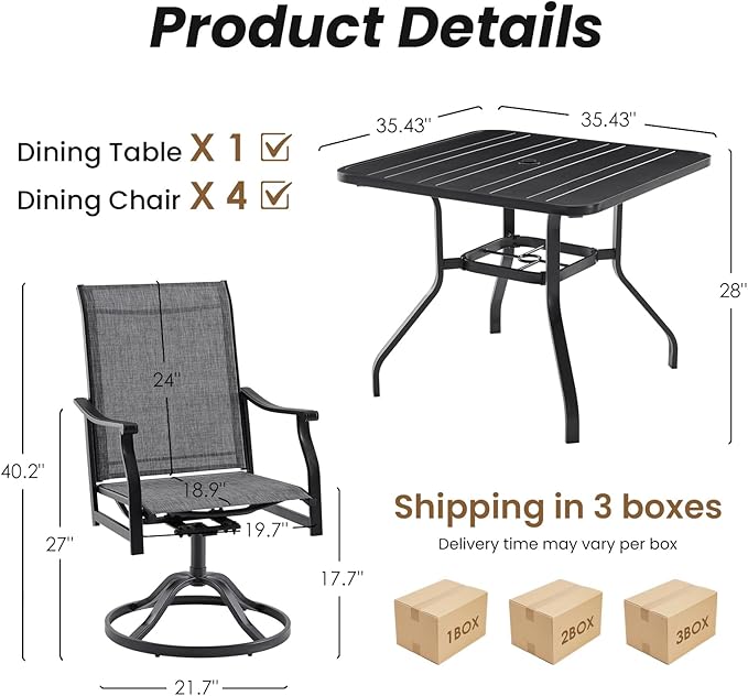 Soohow Outdoor Dining Set for 4, 5-Piece Patio Table and Chairs Set, 4 x Swivel Patio Chairs with Textilene Fabric and 35"x35" Outdoor Dining Table with 1.57" Umbrella Hole for Poolside, Backyard