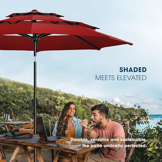 wikiwiki 9ft 3-Tier Patio Umbrella Outdoor Table Market Umbrella for Patio with Push Button Tilt/Crank, Fade Resistant Waterproof POLYESTER Canopy for Garden, Lawn, Deck, Backyard & Pool, Burgundy Red