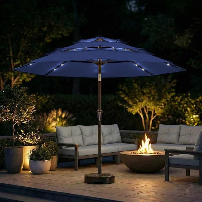 10ft 3-Tier Patio Umbrella with 32 Solar Powered LED Lights, Windproof Outdoor Market Umbrella for Deck, Poolside & Garden, Sturdy Push-Button Tilt Table Umbrella, Navy Blue