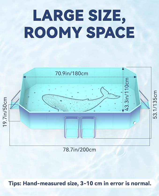 HeySplash Foldable Pool, Non-Inflatable Swimming Pool with Rigid Puncture-Proof Hard Composite Board, Kiddie Pool Outdoor Pool, Adults & Kids Pool for Backyard Garden Dog Pool 78"×53"×19", Blue Whale