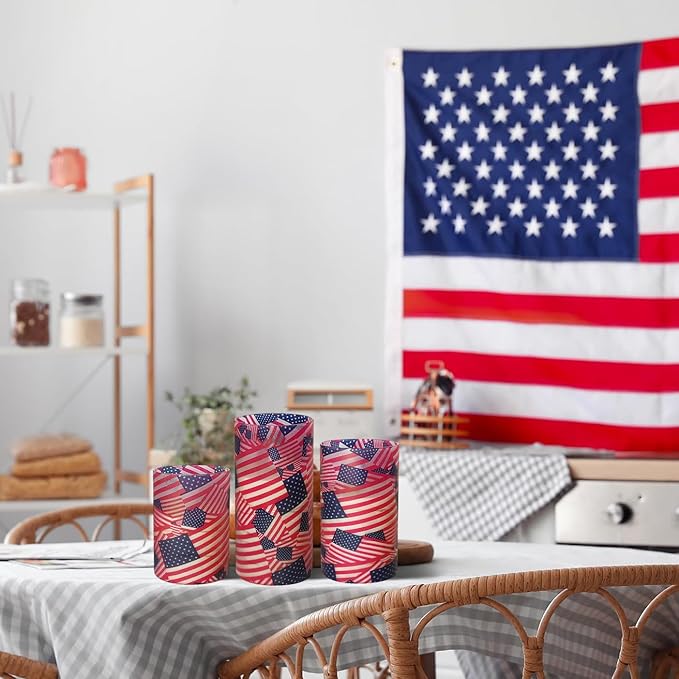 NJAO HOO Flickering Flameless Candles, LED Candles 3D Wick Acrylic Battery Operated LED Pillar Candles with Remote and Timer for Day 4th of July Decor Set of 3(American Flag)