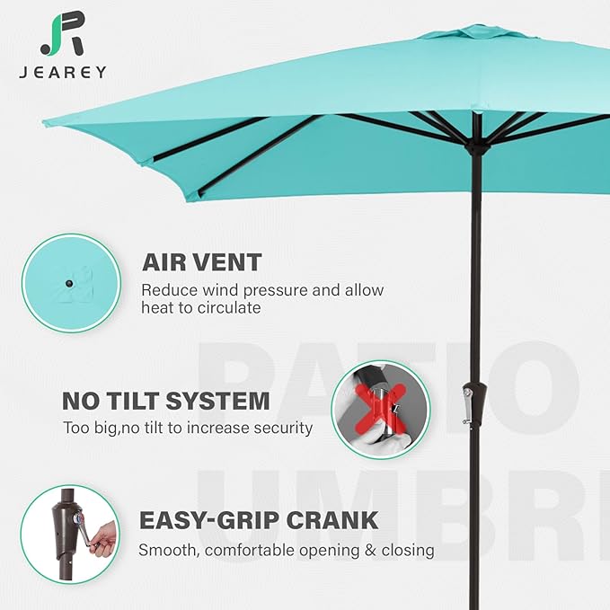 JEAREY 8x10 ft Rectangular Patio Umbrellas Outdoor Table Market Umbrella w/Crank, 8 Sturdy Ribs, UV Protection Windproof Sunproof for Garden, Deck, Backyard, Pool(Teal Blue)