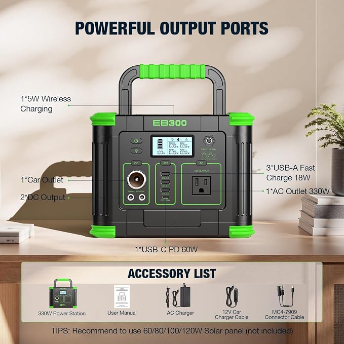 Portable Power Station 330W, 288.6Wh Solar Generator with 60W USB-C PD Output, 120V Pure Sine Wave AC Outlet, 5W Wireless Charging, 330W Backup Lithium Battery for Outdoor Camping Travel Hunting Home
