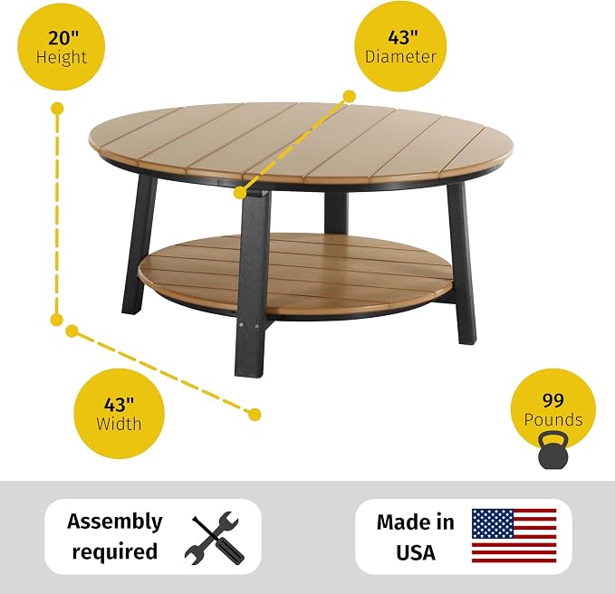 LuxCraft Deluxe Poly Round Outdoor Coffee Table, Two Tier Coffee Table, Round Conversation Tables for Outside Patio with Lower Shelf - Amish Made in USA (Dove Gray & Black)