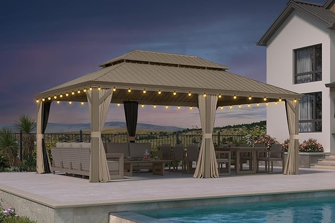 PURPLE LEAF Outdoor Gazebo 14'X20'，Champagne Hardtop Gazebo with Galvanized Steel Double Roof, Permanent Patio Gazebo with Curtains and Netting for Patio Lawn Garden and Deck