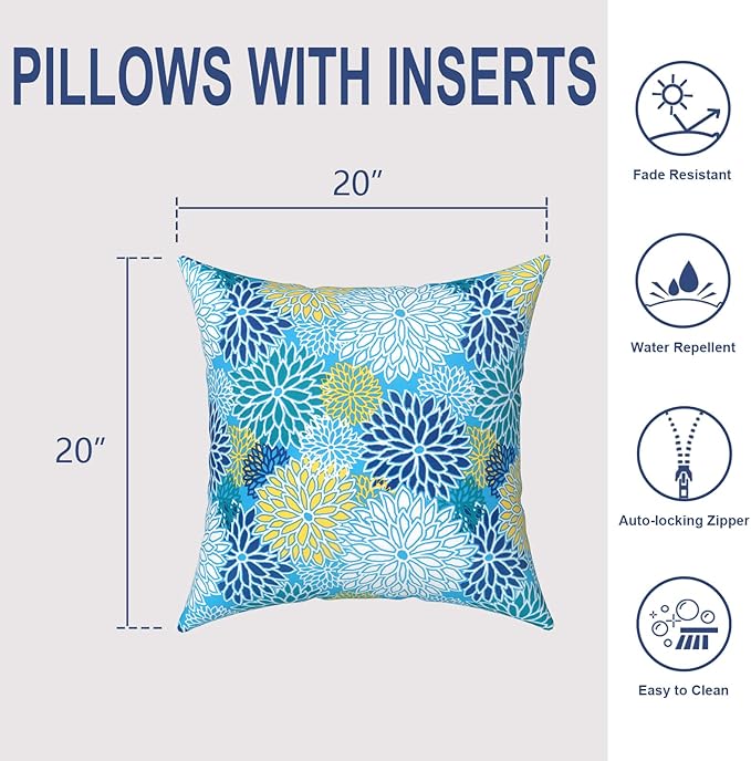 Outdoor Throw Pillows with Inners 20x20 Inch, Square Pillows Decorative for Home Garden Furniture, Dahlia Blue