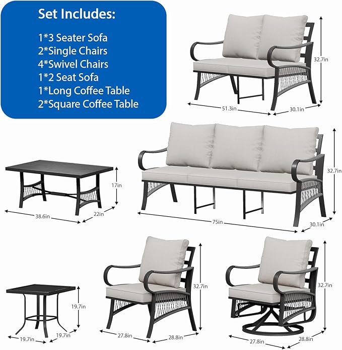 11 Piece Patio Furniture Set, 4 Single Swivel Chairs, Rope Braided Exposed with Thick Cushions, Outdoor All Weather Patio Conversation Sectional Sofa Set for Garden, Porch, Lawn, Beige