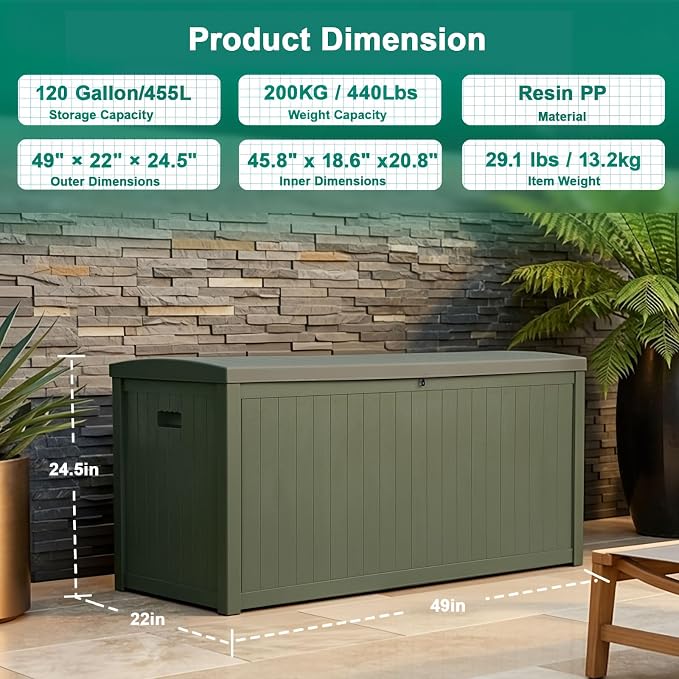 EHHLY Outdoor Storage Box Large-120 Gallon Deck Box with Hydraulic Pistons&Lockable Secure, Waterproof Resin Package Delivery Box for Outside Porch, Curbside, Patio, Home