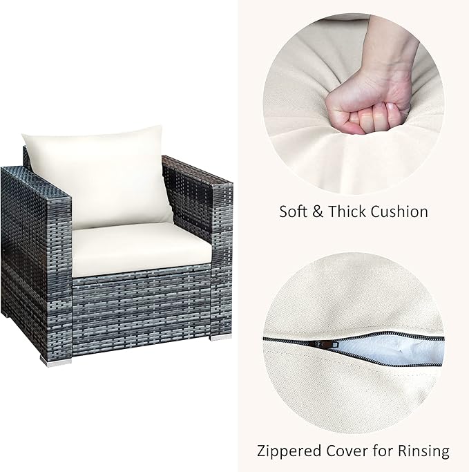 DORTALA 3 Pieces Patio Furniture Set, Outdoor Rattan Sofa Couch Set with Cushions, Tempered Glass Coffee Table, Wicker Patio Conversation Set for Lawn Backyard Poolside Balcony, White