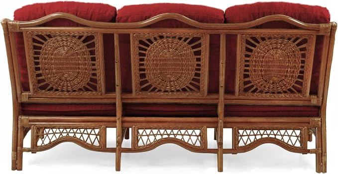 Malibu Lounge Set of 4: 2 Natural Rattan Wicker Chairs, Three-Seater Sofa with Cushions and Coffee Table with Glass Handmade, Colonial Color
