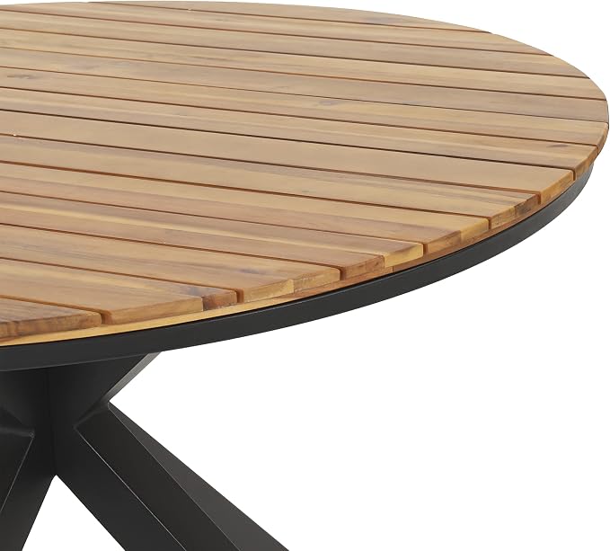 Merax 45" Round Outdoor Patio Dining Table Teak Acacia Wood Tabletop and Black Metal Leg, Modern Industrial Style Patio Dining Table