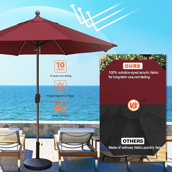 Eurmax USA 10-Year-Non-Fading 10FT Outdoor Patio Market Umbrella,UPF50+ UV Resistant Sun Shade,Heavy Duty Commercial Grade,Crank Lift Design,Windproof Vented Top for Garden,Pool,Deck,Burgundy
