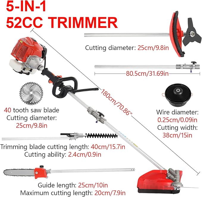 Weed Eater Gas Powered 52cc - 2 Cycle, 5 in 1 Grass Trimmer, Gas Hedge Trimmer, String Trimmer, Brush Cutter, Chainsaw with Extension Pole, Multi Functional Tools for Easy Lawn, Yard & Garden