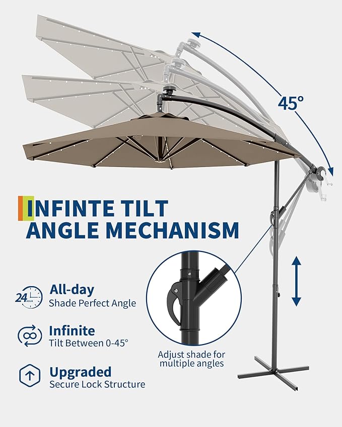 10FT Cantilever Patio Umbrella with Solar LED Lights - Heavy Duty 2-Tier Square Aluminum Offset Outdoor Umbrella, 360° Rotation for Poolside, Backyard, Deck Outdoor Use, Tan