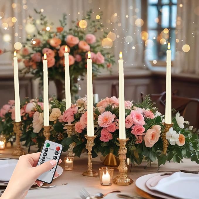 12 Pcs Flickering Flameless LED Taper Candles, 11" Long Fake Taper Candles Battery Operated with Remote Timer, Ivory Plastic Electric Dripping Candlesticks for Wedding Party Holiday