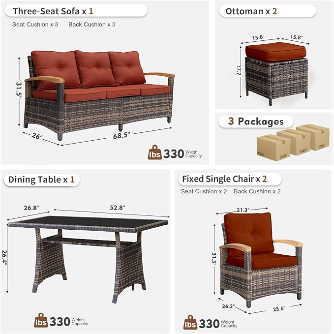 MEISSALIVVE 6 Pieces Patio Furniture Sets, PE Wicker Outdoor Conversation Sets with 2 Wood Armrests Single Chairs, 2 Ottomans and Dining Table (Red)