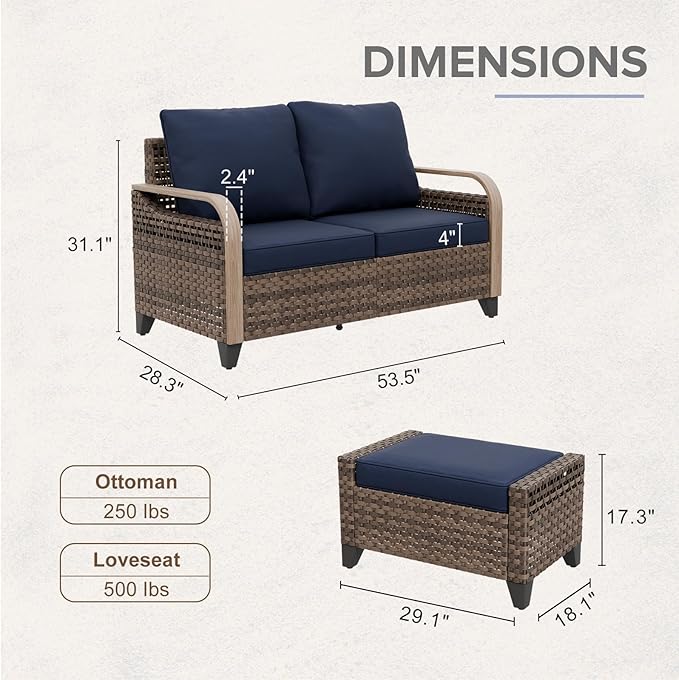 COOS BAY Modern Wicker Outdoor Furniture Set, 3 Piece Patio Conversation Set with a Loveseat and 2 Ottomans, 3 Piece, Brown/Blue
