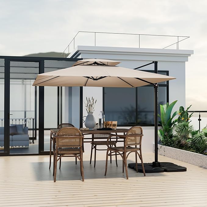 Tangkula 9.5 FT Cantilever Patio Umbrella, Outdoor Square Offset Umbrella with 360° Rotation, Double Top Heavy Duty Patio Hanging Umbrella with Cross Base for Garden Deck Pool Backyard (Beige)