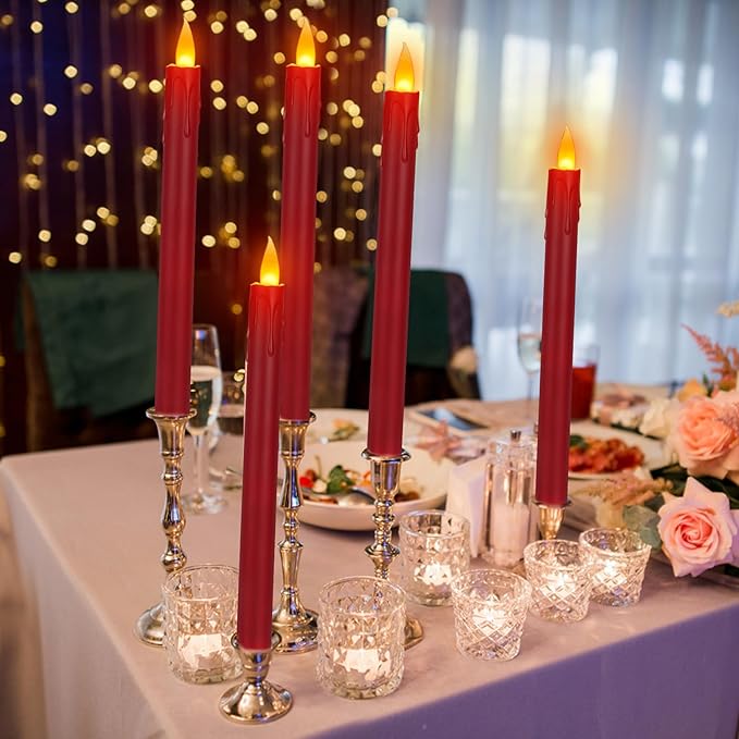 wemarry 6 Pcs Burgundy Flameless Taper Candles with Remote, 10" White Battery Operated Led Candlesticks with Flickering 3D Flame, Fake Taper Candles for Halloween Anniversaries Dinner Home Décor