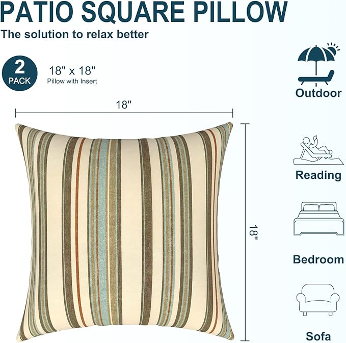 DYTXIII Pack of 2 Waterproof Outdoor Pillow with Inserts, 18x18 Square Patio Decorative Throw Pillow for Home,Sofa,Bench and Patio Furniture,Stripe Onyx