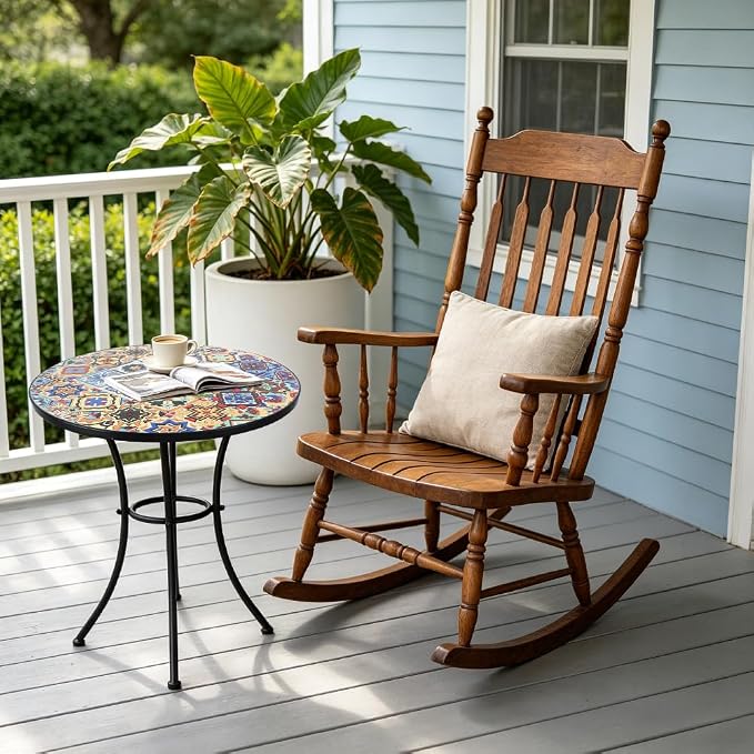 23.6" Outdoor Patio Mosaic Round Table Garden Bistro Accent Table | Ceramic Tile Waterptoof Side End Table Metal Frame Dining Table Furniture for Balcony Backyard Porch Poolside Terrace