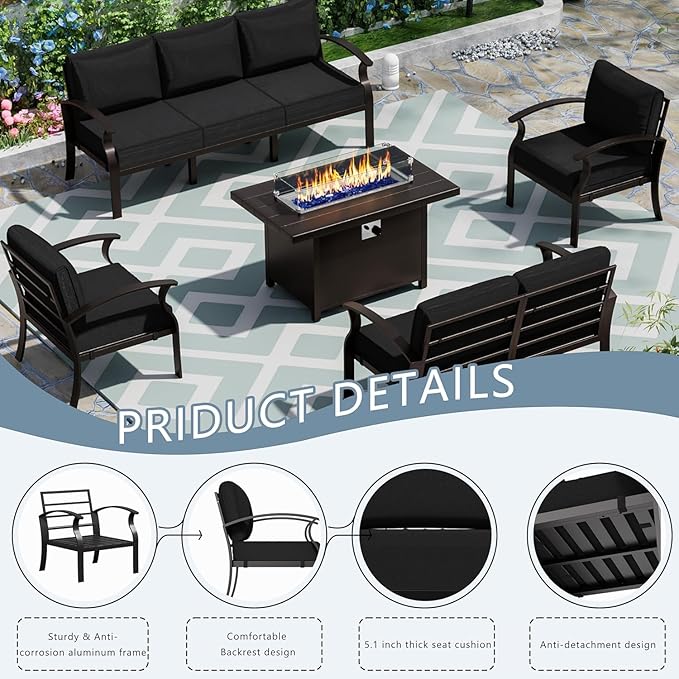 Patio Furniture Set 5-Piece Aluminum Armrest Sofa, Modern Outdoor Living Room Set with 55000 BTU Propane Aluminum Fireplace, Outdoor Rotary Joystick with Thick Cushion