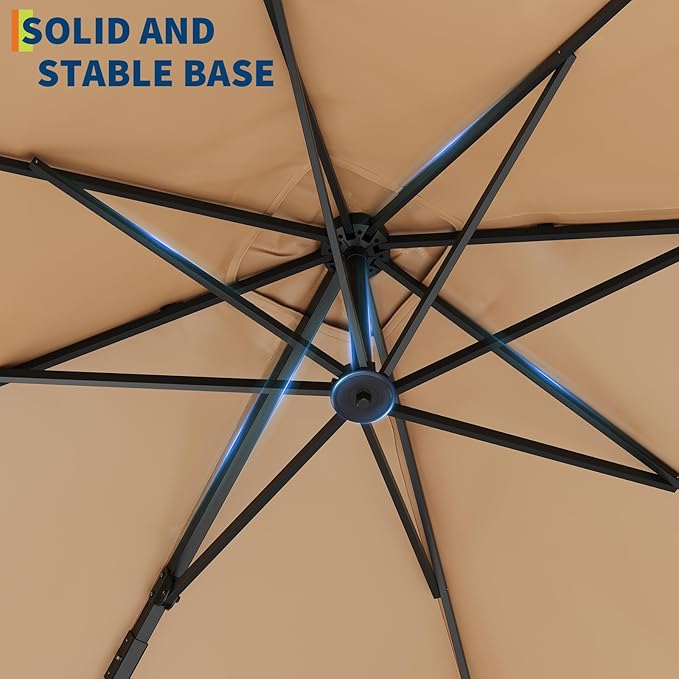 10x10 ft Double Roof Square Cantilever Patio Umbrella with Solar LED Lights & Cross Base – 360° Rotation, Heavy-Duty Sun Shade with Easy Tilt for Backyard, Poolside, and Garden Use, Navy Blue