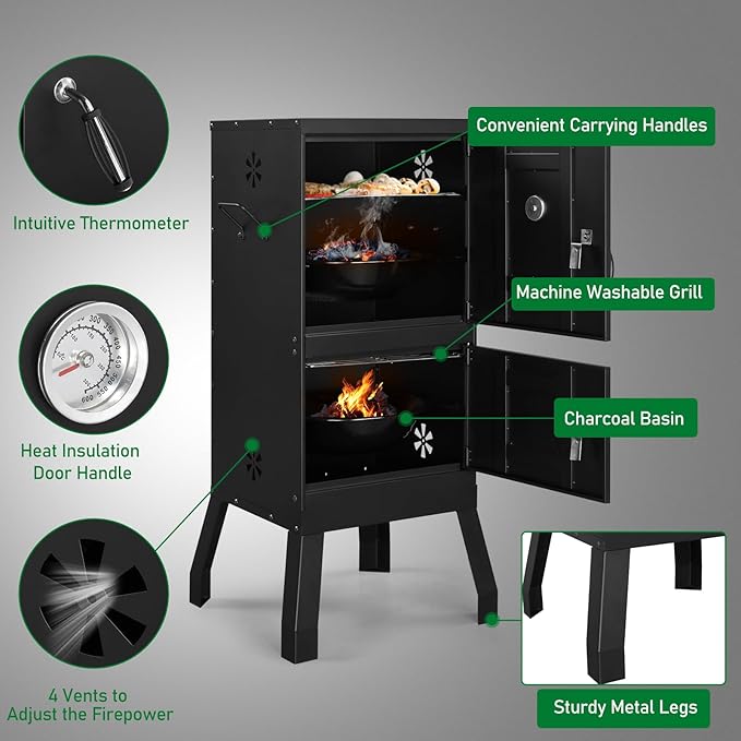 Vertical Charcoal Smoker with Double Doors & 2 Detachable Grill Racks – Outdoor BBQ Smoker Oven with Adjustable Air Vents, Thermometer & Water Pan – Heavy-Duty Camping/Backyard Grill (40.5x39x