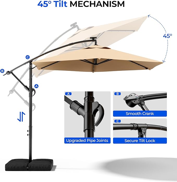HOMSHADE 10FT Offset Patio Umbrella with Solar Lights, Outdoor Patio Umbrella with Base Included, Easy Tilt and UPF50+ Cantilever Market Hanging Umbrellas for Pool, Deck, Garden, Patio (Beige)