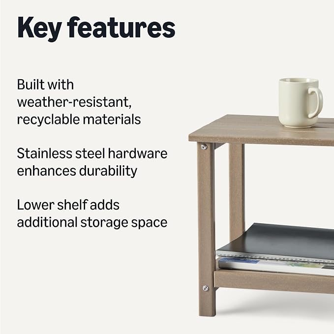 Amazon Basics Outdoor Side Table with Lower Shelf, Weather-Resistant Stainless Steel Hardware, 41.91cm x 32cm x 41.91cm, Brown, 1-Pack