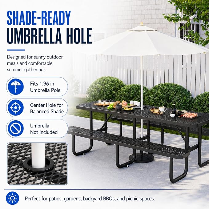 8FT Commercial Outdoor Metal Picnic Table with Umbrella Hole, Heavy-Duty Steel Patio Table & Benches, Seats 8-10 Adults, Weatherproof for Parks, Schools, Campgrounds & Backyards (Black)