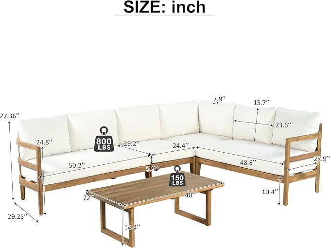 Christopher Knight Home Outdoor Acacia Wood 5 Seater Sectional Sofa Set with Thick Cushions Patio Conversation Set Modular Outdoor Seating with Coffee Table for Patio Deck Balcony Garden