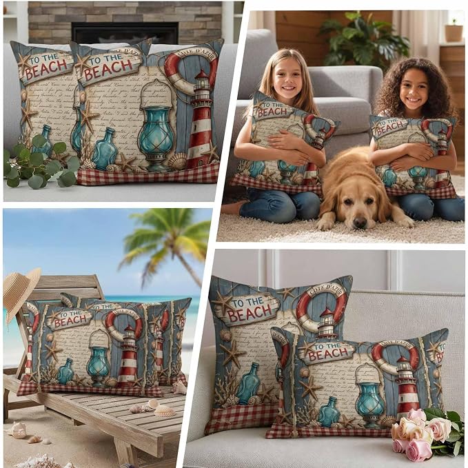 Outdoor Pillow Covers Set of 2, Vintage Nautical Lighthouse on Wooden Decorative Throw Pillow Covers 20X12IN, to The Beach Quote Throw Pillows Protector Cushion Case for Patio,Couch,Sofa,Garden