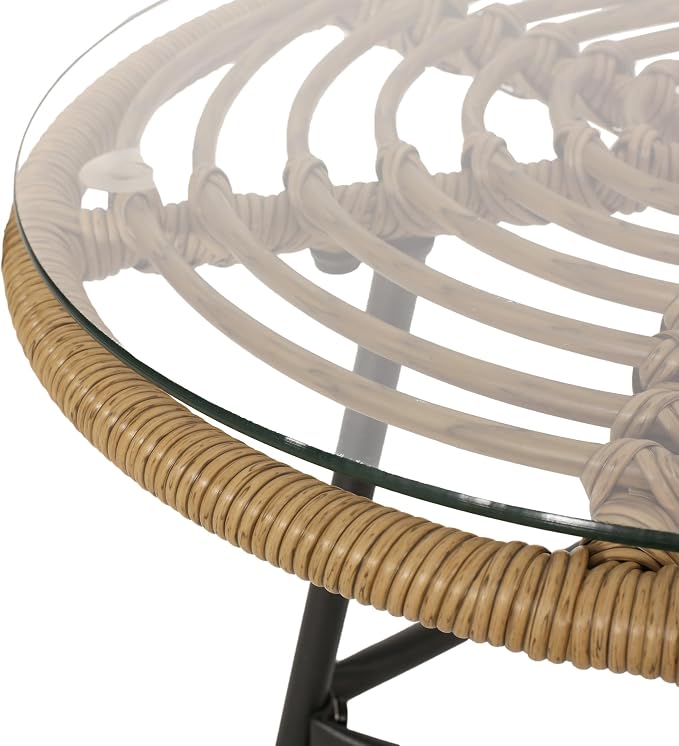 Penau Outdoor Round Faux Rattan Side Table with Tempered Glass Top, Steel Frame, Light Brown, 19.5 x 19.5 x 18.5 Inchs, Modern Balcony Porch Deck End Table
