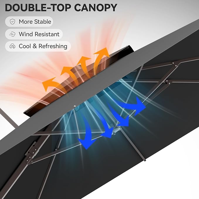 GENTEACO 10X10 FT Cantilever Umbrella with Base Included, Large Offset Patio Umbrella with Double Top, 6 Angle Tilts & 360° Rotation, Large Square Sun Umbrellas for Outdoor Pool Market, Black
