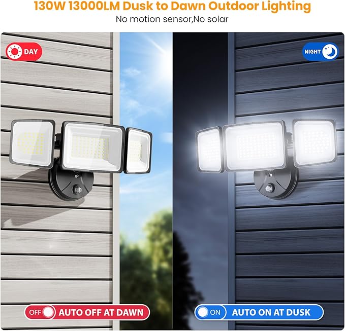 Onforu Dusk to Dawn Flood Lights Outdoor,130W Outdoor Lighting,6500K 13000LM Super Bright Lights,IP65 Waterproof Hardwired LED Security Lights for Garage,Yard,Outside