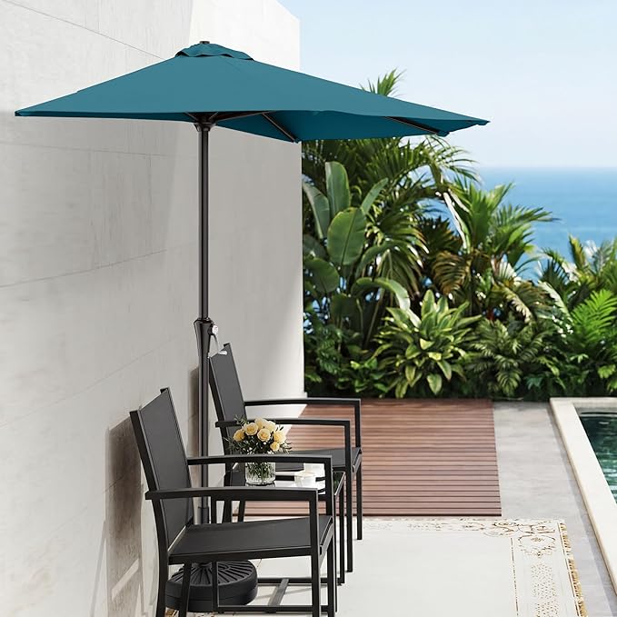 AreShark 9FT Half Patio Umbrella, Outdoor Wall Umbrella with Crank & 5 Sturdy Ribs, Table 1/2 Umbrella Patio for Garden, Deck, Balcony and Pool, Lake Blue