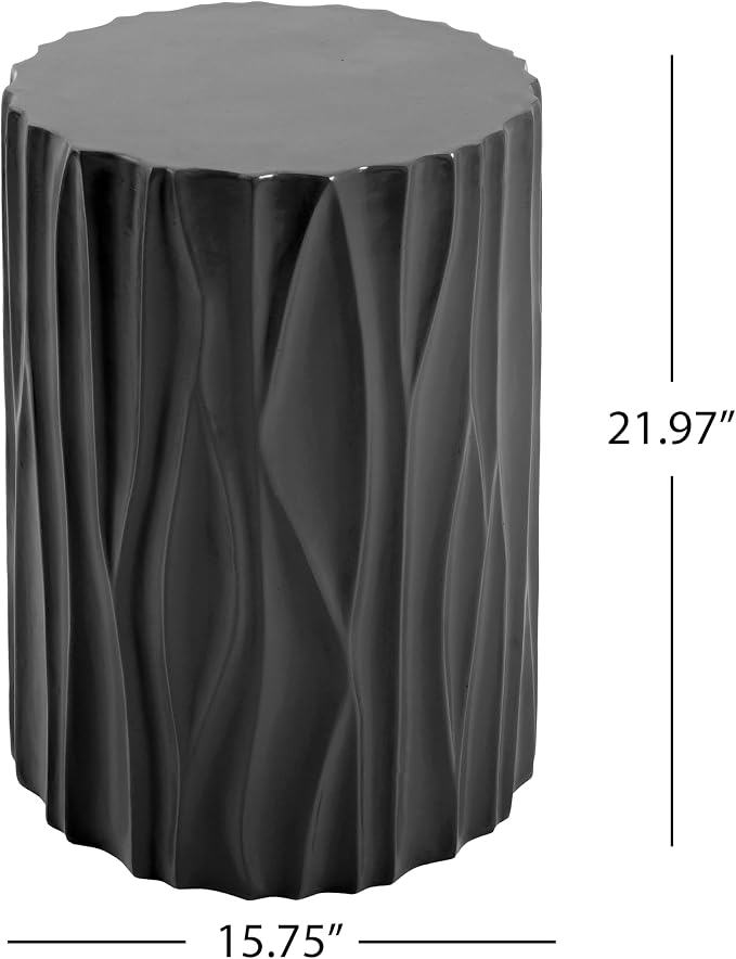 Black Side Table Wave Textured MGO Cylindrical Accnet End Table, Indoor & Outdoor Multi-Use Stool Table for Living Room Patio Balcony